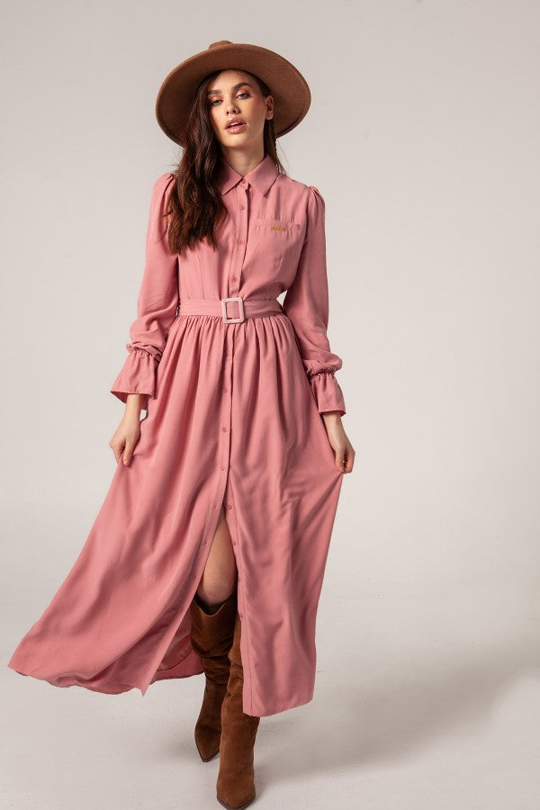 VESTIDO LARGO CAMISERO ROSA - MANGATA